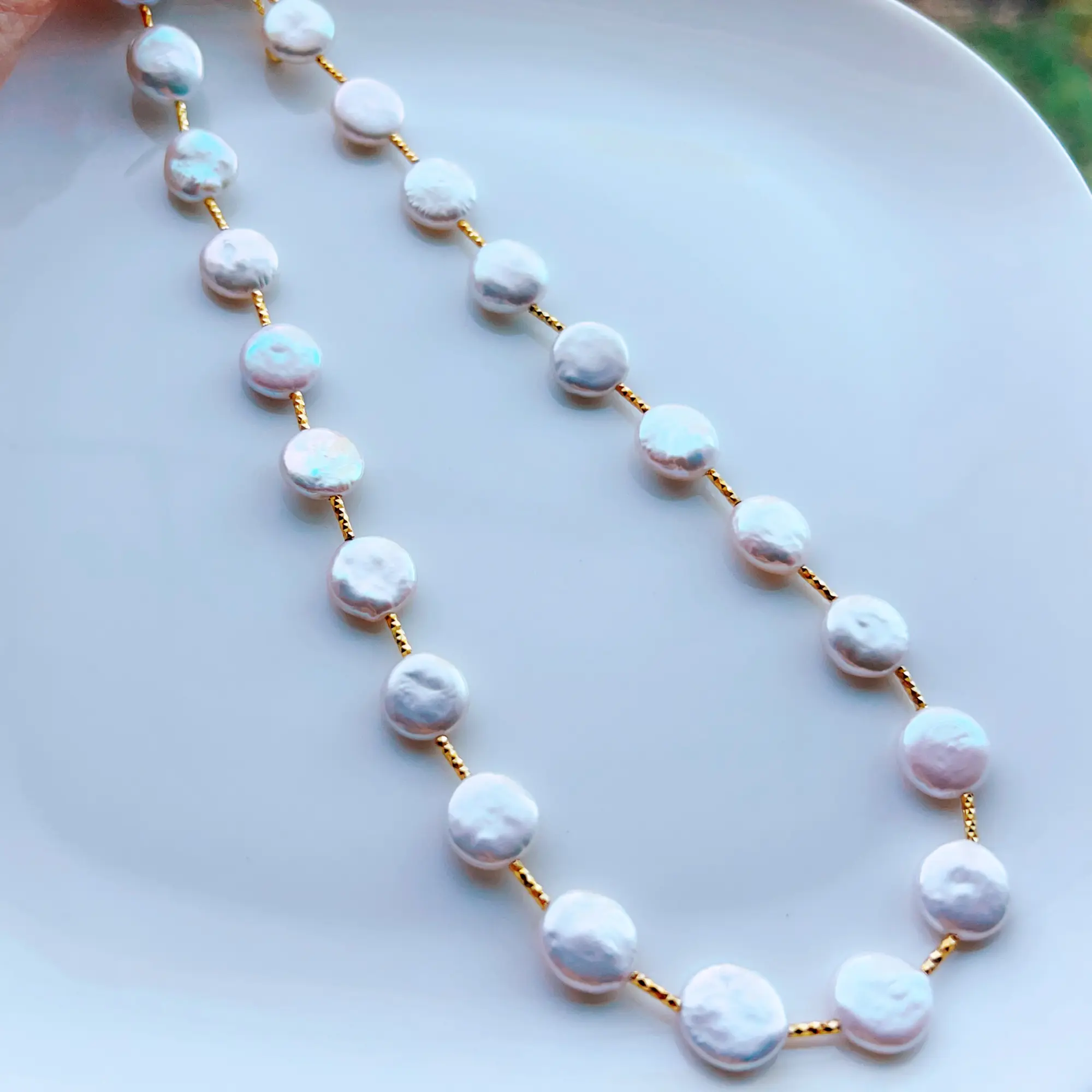 Piswency Circle Baroque Freshwater Pearl Necklace and Bracelet Set, 18K Gold Plated 925 Sterling Silver Spacer Jewelry Gift for Her