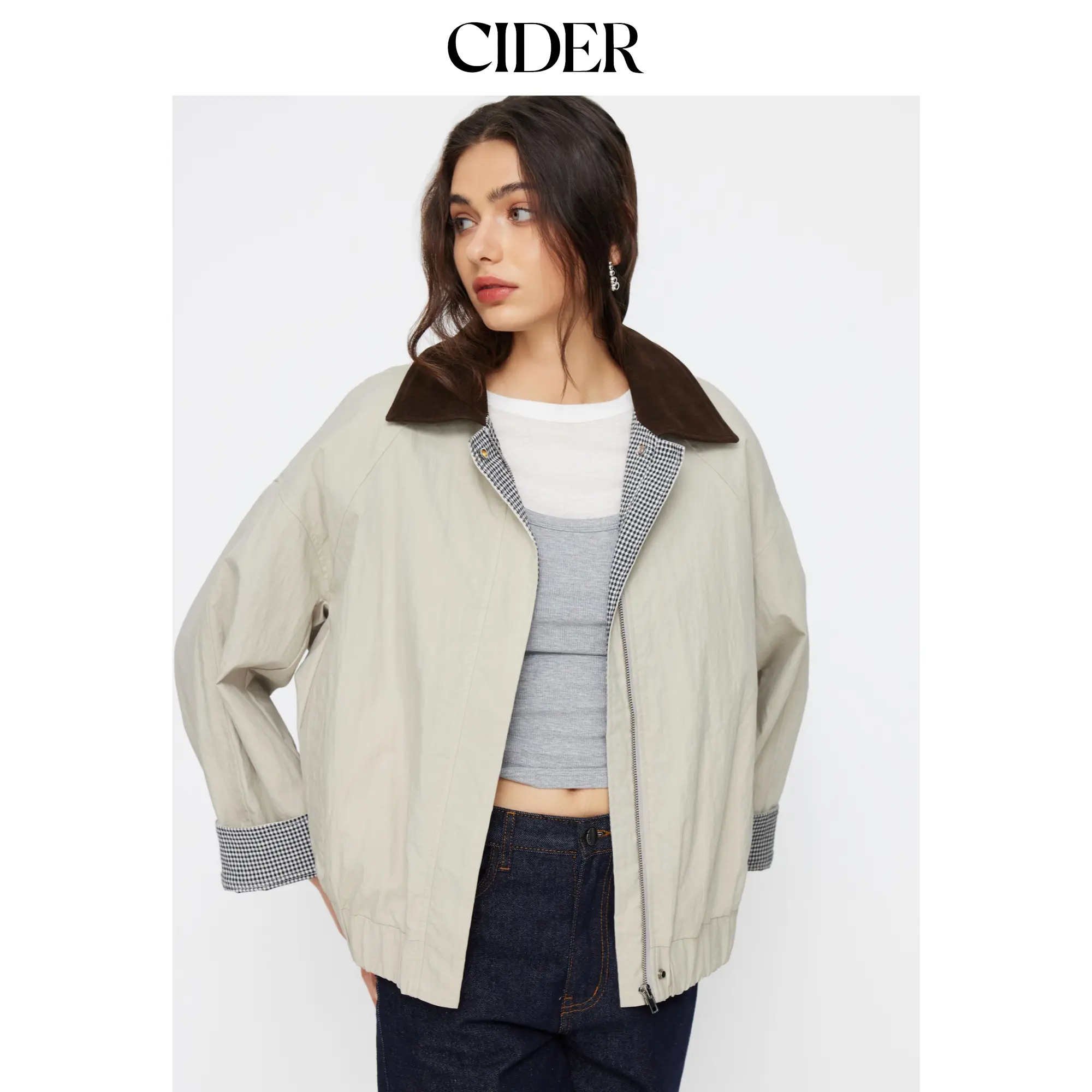 Cider Women's Cotton-Blend Gingham Colorblock Collar Zip-Through Oversized Barn Coat, Long Sleeve Casual Tops