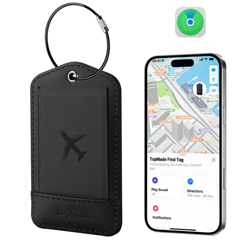 Premium Leather Smart Luggage Tag - iOS-Only Find My & Bluetooth Function, Wireless Charge Rechargeable, Anti-Lost Tracker with Privacy Name Card for Suitcase, Travel Bags (Car Interior Accessory Decoration)