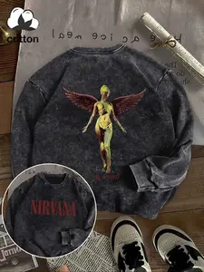 Cotton Letter Nirvana Angel Graphic Print Round Neck Sweatshirt, Casual Vintage Fitted Pullover, Daily Wear, Fall & Winter Fashion