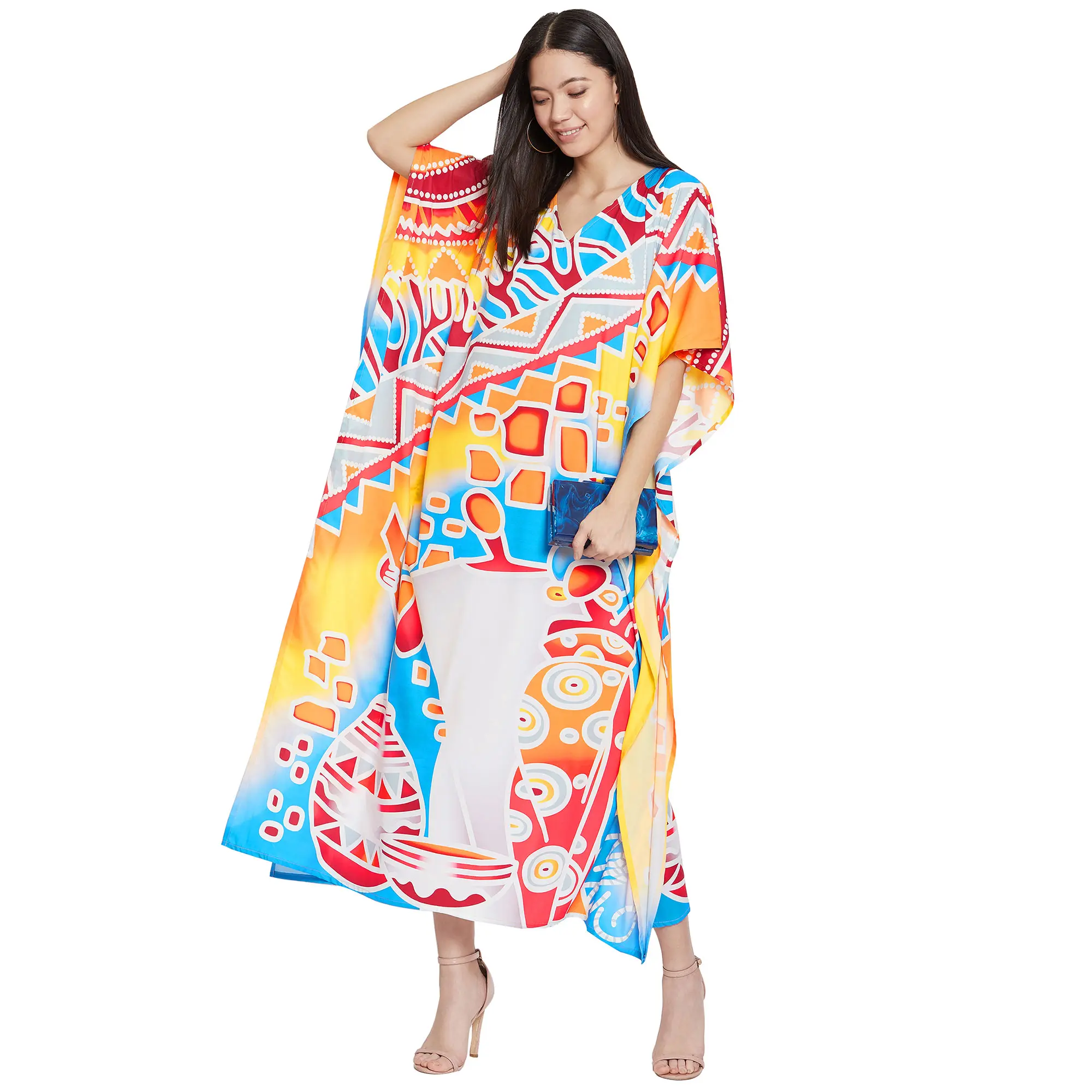 Gypsie Blu Regular Kaftan for Women Polyester Beach & Everyday Wear V-Neck Kimono Sleeve Caftan Dress Lightweight Breathable White Maxi One Size Fits Most