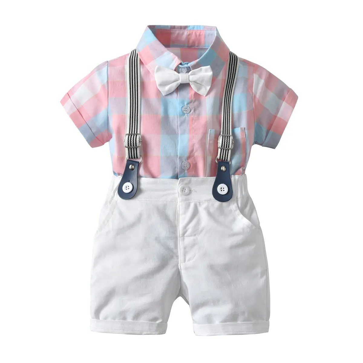 Kids Toddler Infant Baby Boy Summer Outfits Set Plaid Lapel Short Sleeves Romper/Shirt Suspenders Shorts Suit Gentleman Clothes Set