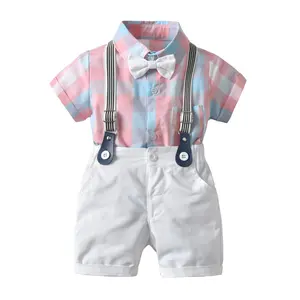 Kids Toddler Infant Baby Boy Summer Outfits Set Plaid Lapel Short Sleeves Romper/Shirt Suspenders Shorts Suit Gentleman Clothes Set