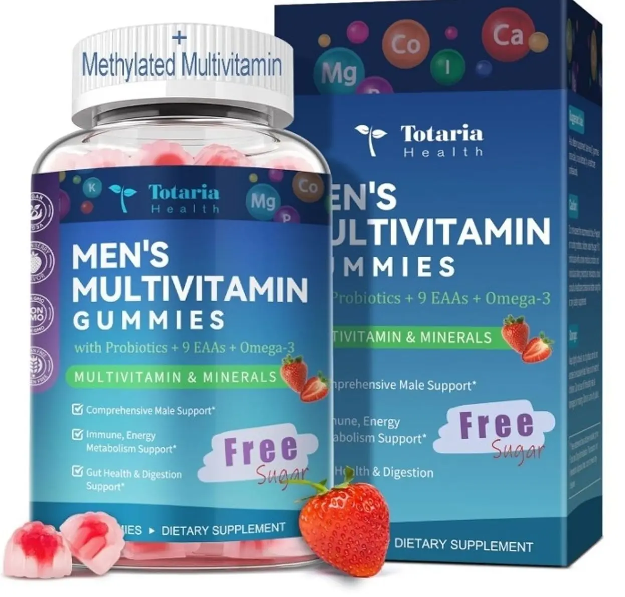 Sugar Free Multivitamin for Men with Omega 3, Probiotics, Mens Multivitamins Gummies w/Methylated B Complex, EAAs, Lycopene, Zinc, for Daily Energy, Immune, Heart, Iron Free, 60 Count