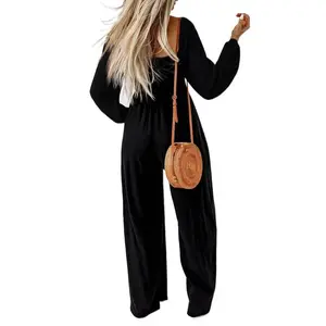Women's Casual Loose Overalls Jumpsuits One Piece Long Sleeve Wide Leg Long Pant Rompers With Pockets Beach Fabric overall romper jumpsuit 
