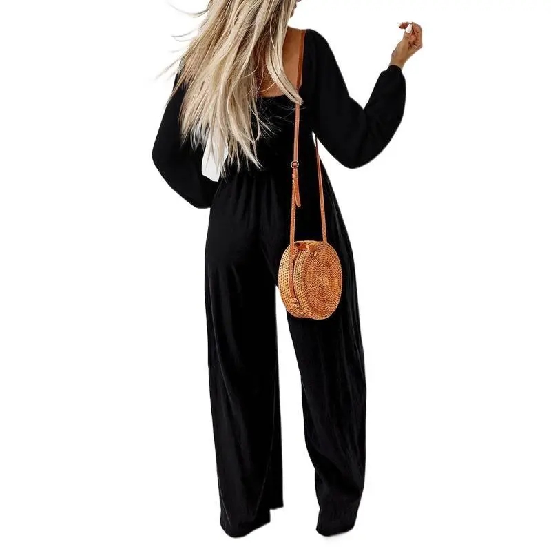 Women's Elegant Wide Leg Jumpsuit with Long Puff Sleeves, Smocked High Waist, Square Neck Backless Design for Vacation