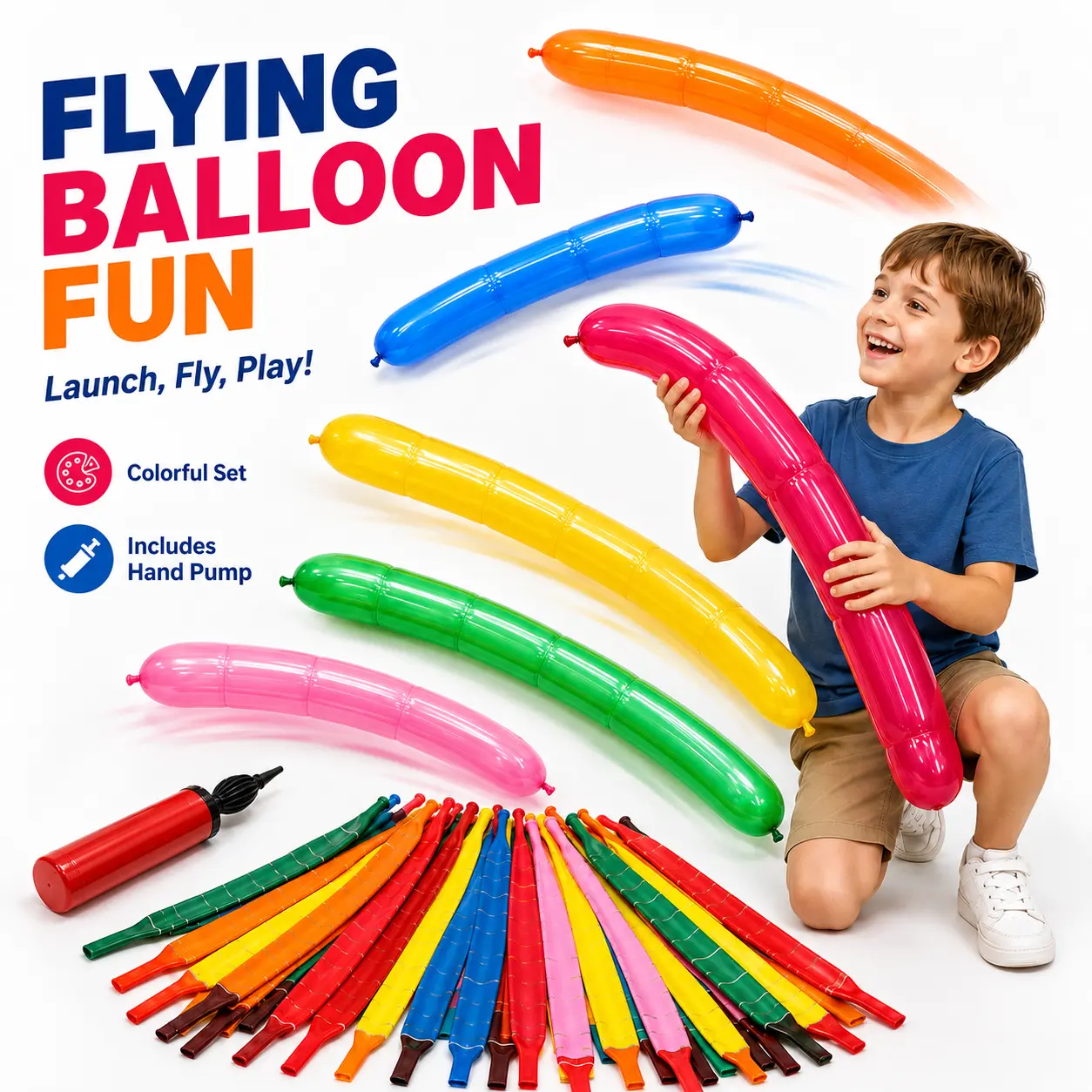 Rocket Balloons Flying Balloon Set with Hand Pump, Colorful Long Inflatable Flying Balloon Toys for Kids, Fun Outdoor Games Birthday Party Favors Family Activities Carnival Party Supplies,rocket balloon