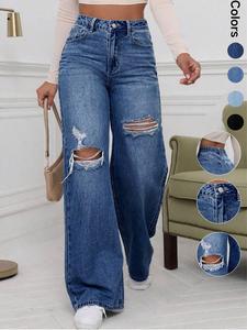 women's plain ripped jeans, casual comfy denim trousers for daily wear, ladies baggy bottoms for summer