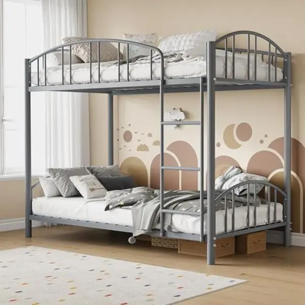 Kids' Twin Over Twin Bunk Bed with Ladder, Arched Rail, Silent Heavy-Duty Steel Slats Support Frame, 350 lbs per Bunk, Space-Saving, No Box Spring Needed, Secure Gray Indoor Furniture, Guest Room Use, Assembly Required