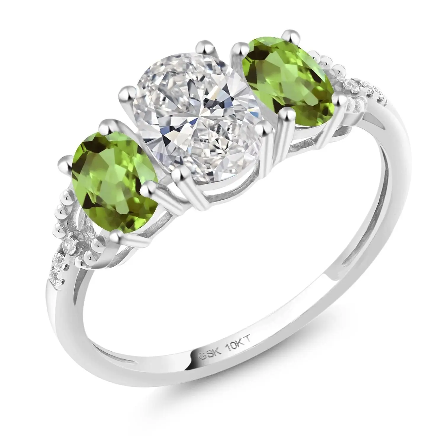 2.02 Cttw 10K White Gold IGI Certified Lab Grown Diamond and Green Peridot 3-Stone Engagement Ring | Center Oval Diamond 1.00 Ct | D-E Color | VS1-VS2 Clarity