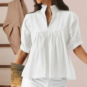 Women Summer Puff Sleeve Babydoll Peplum Tops V-Neck Pleated Blouse Basic Womenswear Casual Loose Fit Shirts