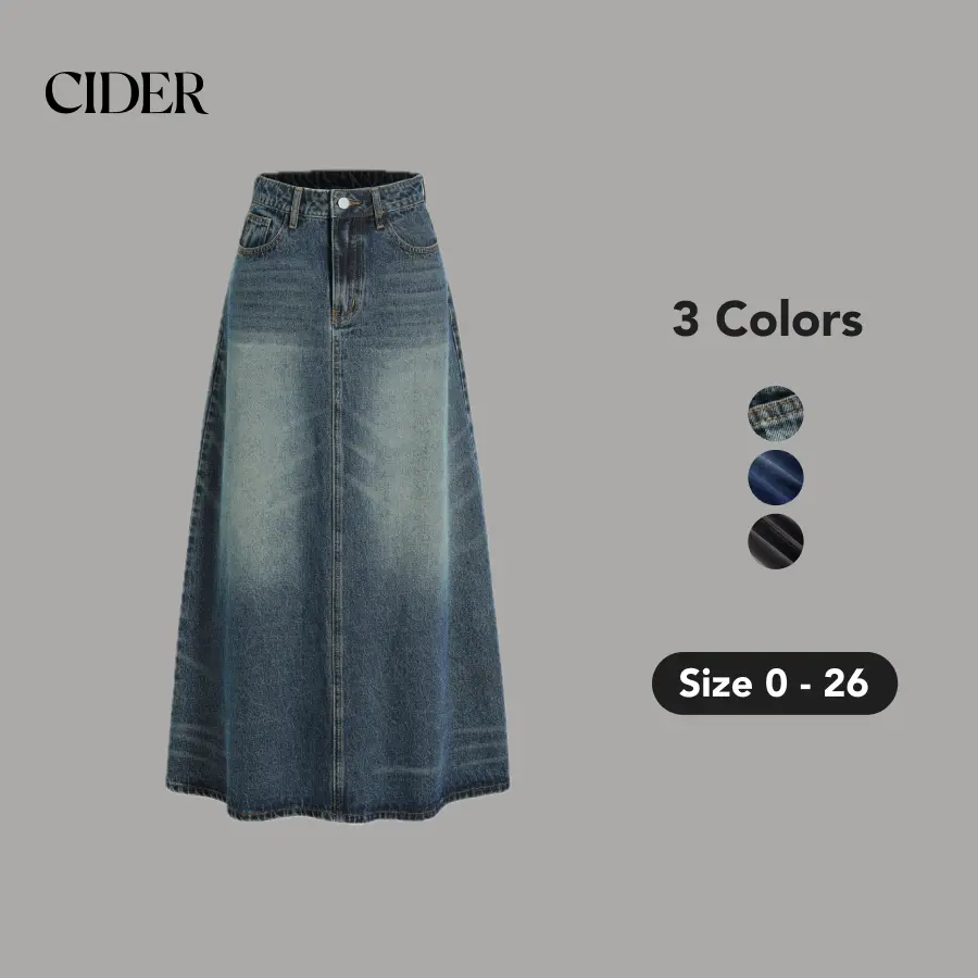 Cider Denim Mid Waist Solid Pocket Maxi Skirt