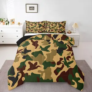 Camo Duck Comforter Set,Camouflage Bedding,Hunting Farmhouse Camping Comforter,Vintage Army Green Yellow Wild Animal Rustic Duvet Set