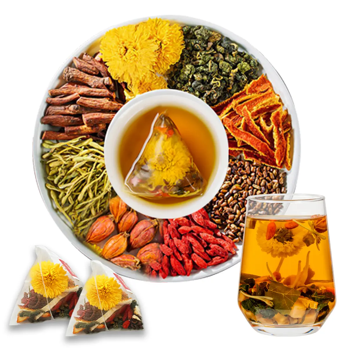Goji Berry Chrysanthemum Tea -8 excellent raw material formulas ，10 grams*15 bags，Chrysanthemum; goji berry; dandelion; mulberry leaf; honeysuckle; etc. plant herbs