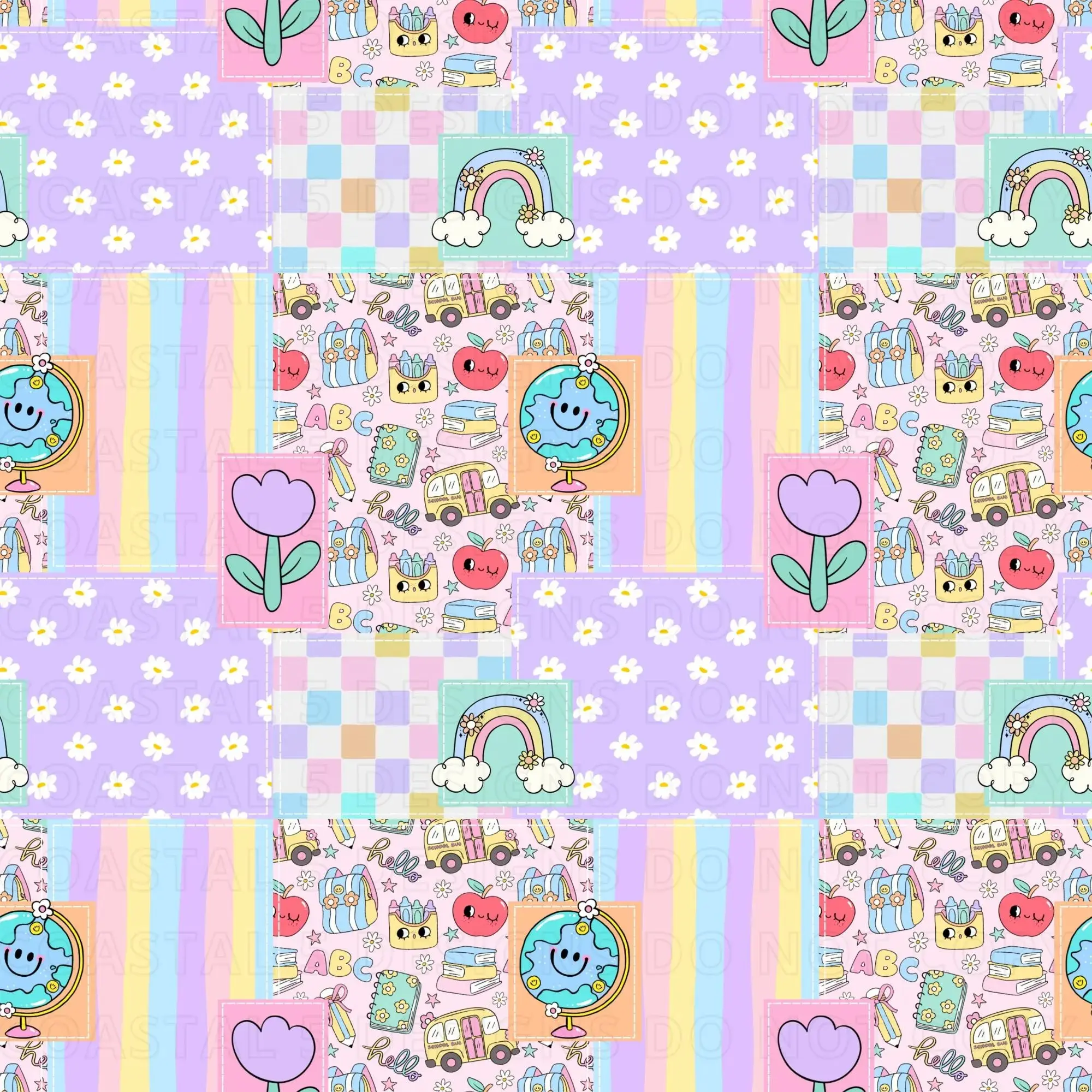 Back to School Seamless Patchwork Pattern,  Back to School Kids, Patchwork Repeating Pattern, notebook wrapping paper, book wrapping paper, gift wrapping paper