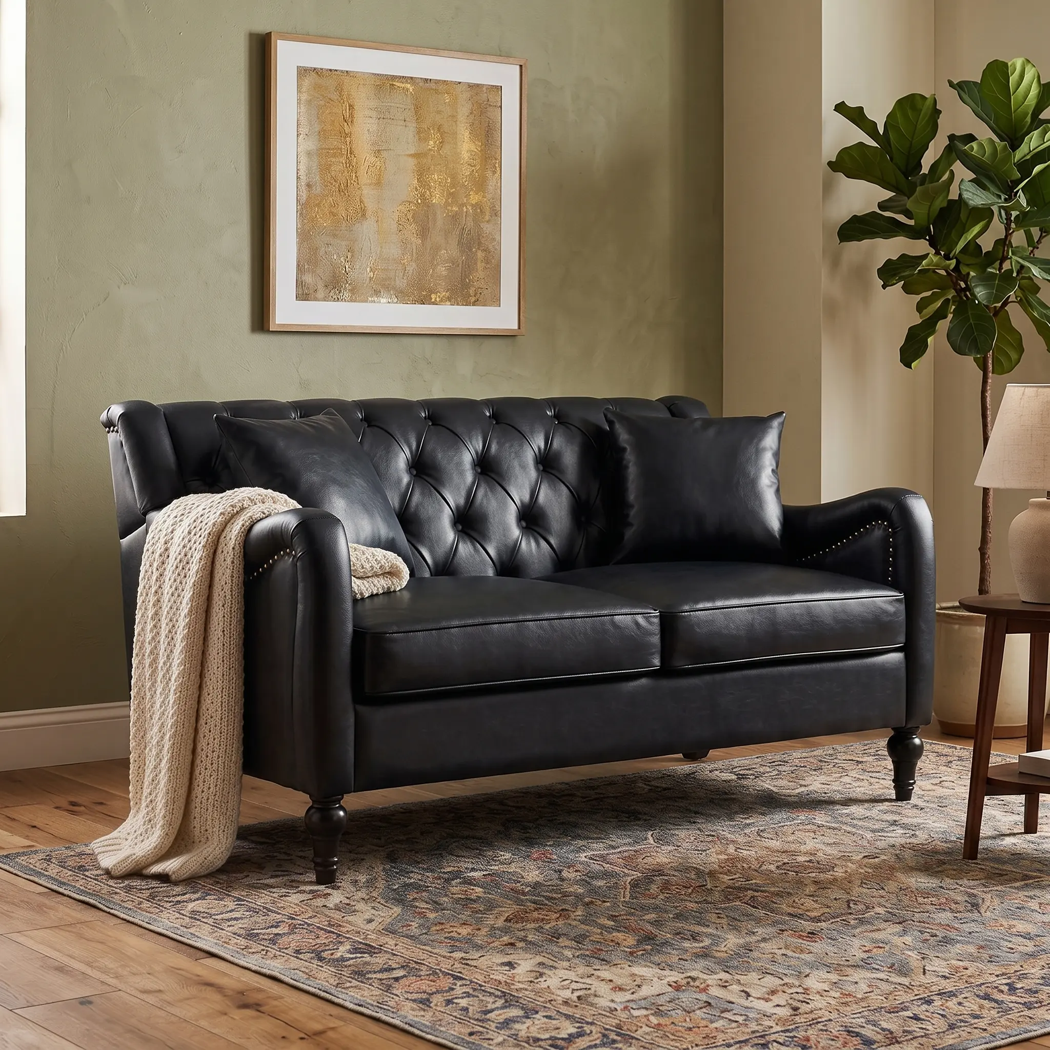 Chesterfield Loveseat with Pillow, Faux Leather Chair with Tufted Backrest & Nailhead Trim, Midcentury Leather Sofa, Upholstered Armchair with Solid Wood for Living Room,Office