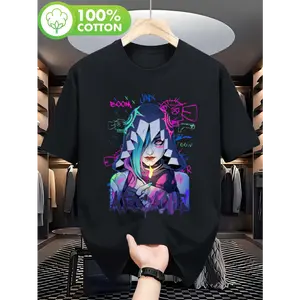 Jinx Anime-Print T-Shirt — Unisex Comic & Gaming Tee featuring Jinx, Enemy Characters, and Iconic Quotes ("BOOM! GOOM!") — Stretch-Feel Print, Relaxed-Fit Crew Neck, All-Season Casual Wear for Men & Women — Ideal for Gaming, Cosplay, and Everyday Wear