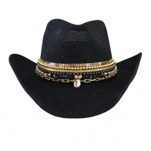 Black Festival Straw Western Hat Coastal Cowgirl Glam Jeweled Hat Gold & Shell Designer Beaded Beach Hat for Upscale Vacations