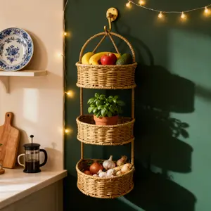 Imitation Rattan Wall Mounted Basket, 3-Tier Woven Hanging Basket, Multi-Use Hanging Shelf For Kitchen, Bathroom, Patio, Garden, Perfect As Spice Rack, Plant Holder & Wedding Decor