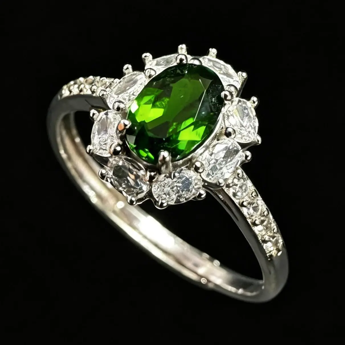 Oval Chrome Diopside Halo 925 Silver Adjustable Ring