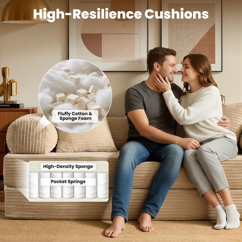POUUIN 81" Boneless Convertible Sleeper Sofa Bed with Cylindrical Pillow, Ultra-Soft Corduroy Folding Mattress Couch with Fixed-Shape Frame, 5-in-1 Multi-Functional Floor Sofa Lounge Couch, Space‑Saving Folding Sofa Bed for Living Room/Bedroom/Small Space