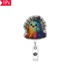 Cute Ghost Badge Reel with Spider Design, Color Gradient, Retractable Structure, Metal Clip, Perfect for Hanging ID Cards, Retractable Id Badge Holder