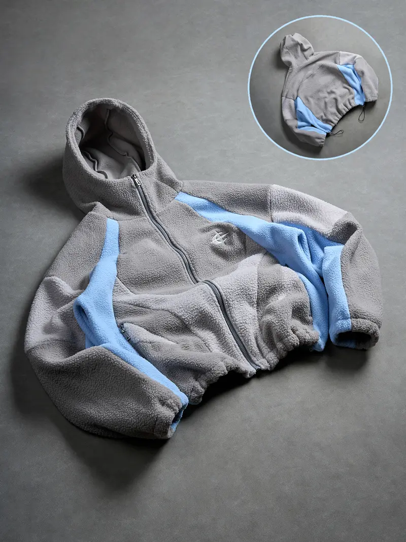 Y2K American street-style men’s color-block fleece hoodie jacket with embroidered patches, short full-zip shearling outerwear, drawstring hem, loose hip-hop top—trendy for everyday autumn/winter wear.