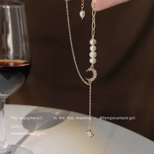 French Luxury Feel Zircon Micro Inlaid 14K Necklace With Freshwater Pearls Handmade Design Collarbone Chain Star Jewelry