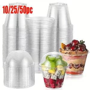 10/25/50pc 10oz Transparent Plastic Cups with Ball Lids, Dessert Cups, Fruit Ice Cream Cups, Party Cups, Wedding Supplies