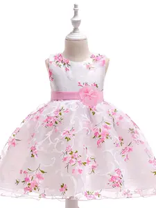 Girl's Floral Print  Belted Tulle Party Dress with Flower Appliques Belt, Elegant Round Neck Sleeveless A-line Dress for Birthday Party Wedding Guest, Kids Clothing for All Seasons, Birthday Dresses