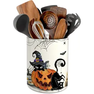Halloween Kitchen Decor Ceramic Utensil Holder, Cute Halloween Cat Pumpkin Utensils Holder, Ceramic Utensils Crock for Rustic Farmhouse Indoor Kitchen Decorations(6.3 Inches)