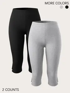 2 Pack Women's High Waist Capri Leggings, Breathable Stretchy Side Slit Basic Style, Casual Home Workout Commute Wear for Ladies