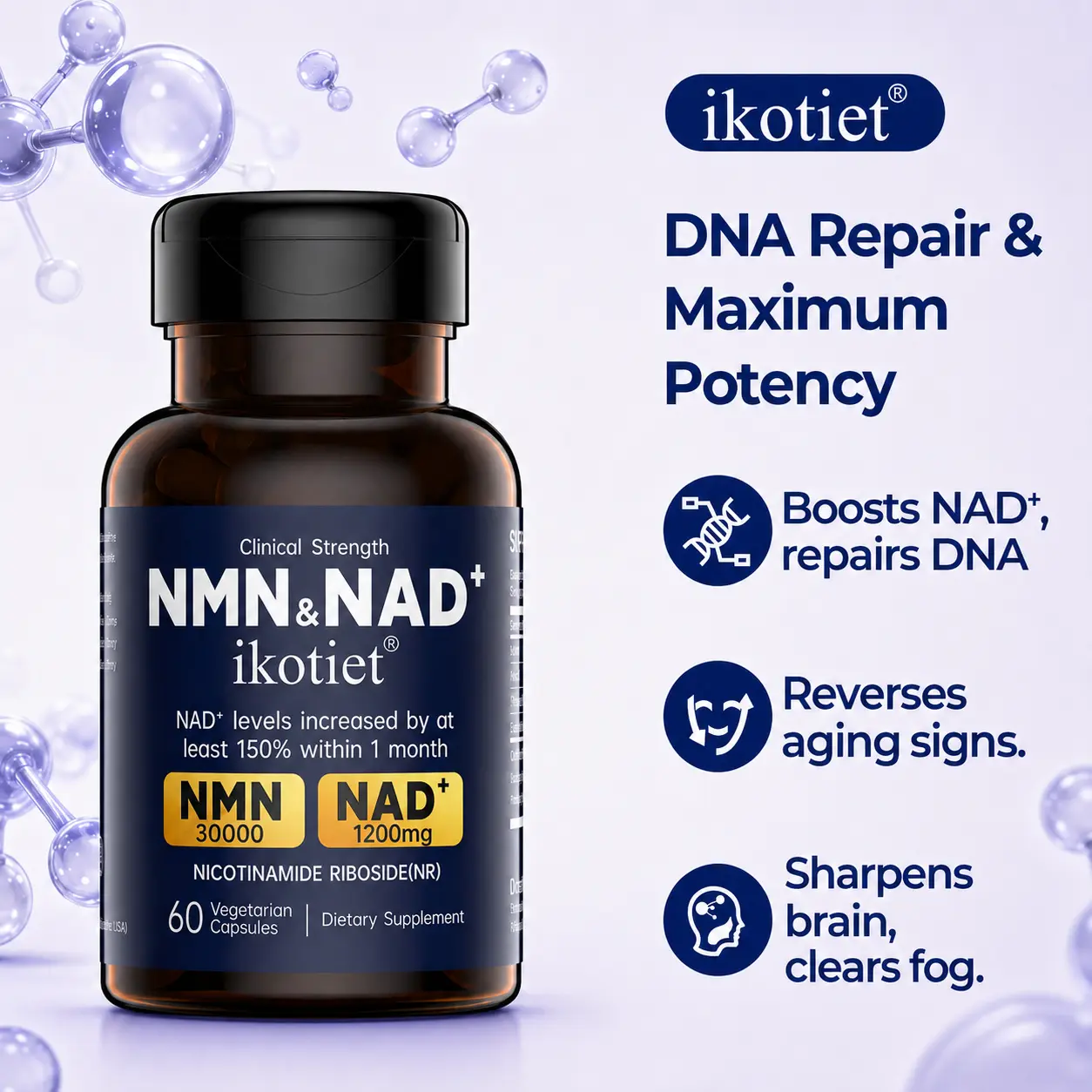 ikotiet 3-in-1 NMN 3000 + NAD+ 1200mg & NR Supplement - Daily nutritional supplement for men and women, enhancing cell vitality and energy; supporting brain health, metabolism and collagen production (1 bottle of 60 dietary supplements + free trial pack).
