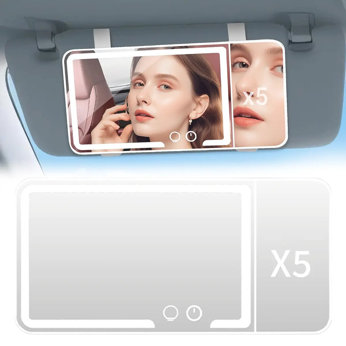 Car LED Sun Visor Vanity Mirror with 5X Magnification, Touch Control 3-Color Dimmable Light, 2000mAh USB Rechargeable, Foldable HD Auto Makeup Mirror for Car Accessories