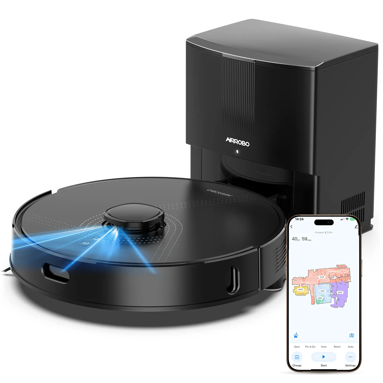 Airrobo Q20+ Self-Emptying & Refilling Robot Vacuum and Mop, 8000Pa Suction, Precision Navigation, Multi-Surface Cleaning, Pet-Friendly Household Appliance