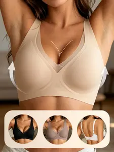 Jelly Wireless Deep V Bra, Seamless Push Up Full Coverage Bralette, Ultra Soft No Underwire Everyday T-Shirt Bra
