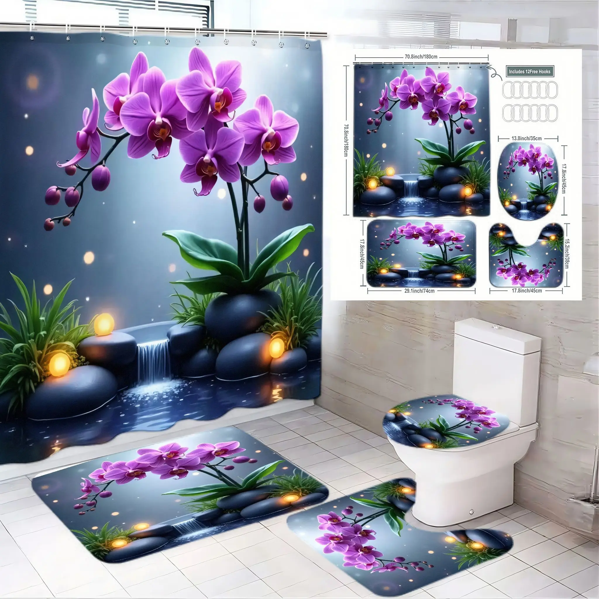 4pcs Serene Orchid Bathroom Set, Nature-Inspired Shower Curtain, Floral Shower Curtains For Bathroom, Toilet Seat Cover, The floor mat fabric is thicker and softer! Luxurious Bath Mats, Tranquil Waterfall Design Shower Curtain Sets