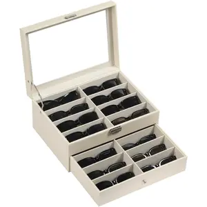 Leather 16 count Eyeglasses Storage and Sunglass Glasses Display Drawer Lockable Case Organizer,Beige,MKAW203