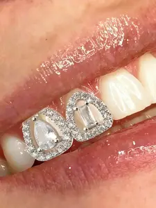1pc Dazzling Diamond Grillz Set - Pear & Baguette Cut Gems, Silver/Gold Frame, Customizable Teeth Jewelry, Tooth Gem, Perfect For Parties, Photoshoots & Bold Fashion Statements, Removable Design, Trendy Hip-Hop Accessories