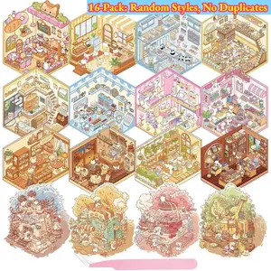 16 Sets 3D Stickers for Kids, Magic Classroom & Shop Scene Simulation, Miniature Cabin Pretend Play Game, Cute Cartoon Scene Book for Girls Adults, Tailor Shop DIY Craft Stickers (Random Styles, No Duplicates)