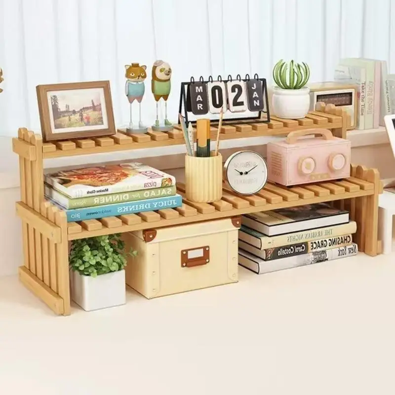 Bamboo Desk Organizer, 1 Count Desktop Bookshelf, Desk Storage Rack, Desk Organizer for Home Office, Desk Accessories for Home Office