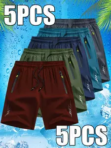 Men's Casual Sportswear Ice Silk Shorts Set, Lightning Reflective Print Design, Elastic Waist Drawstring, Side Zip Pockets, Summer Wear