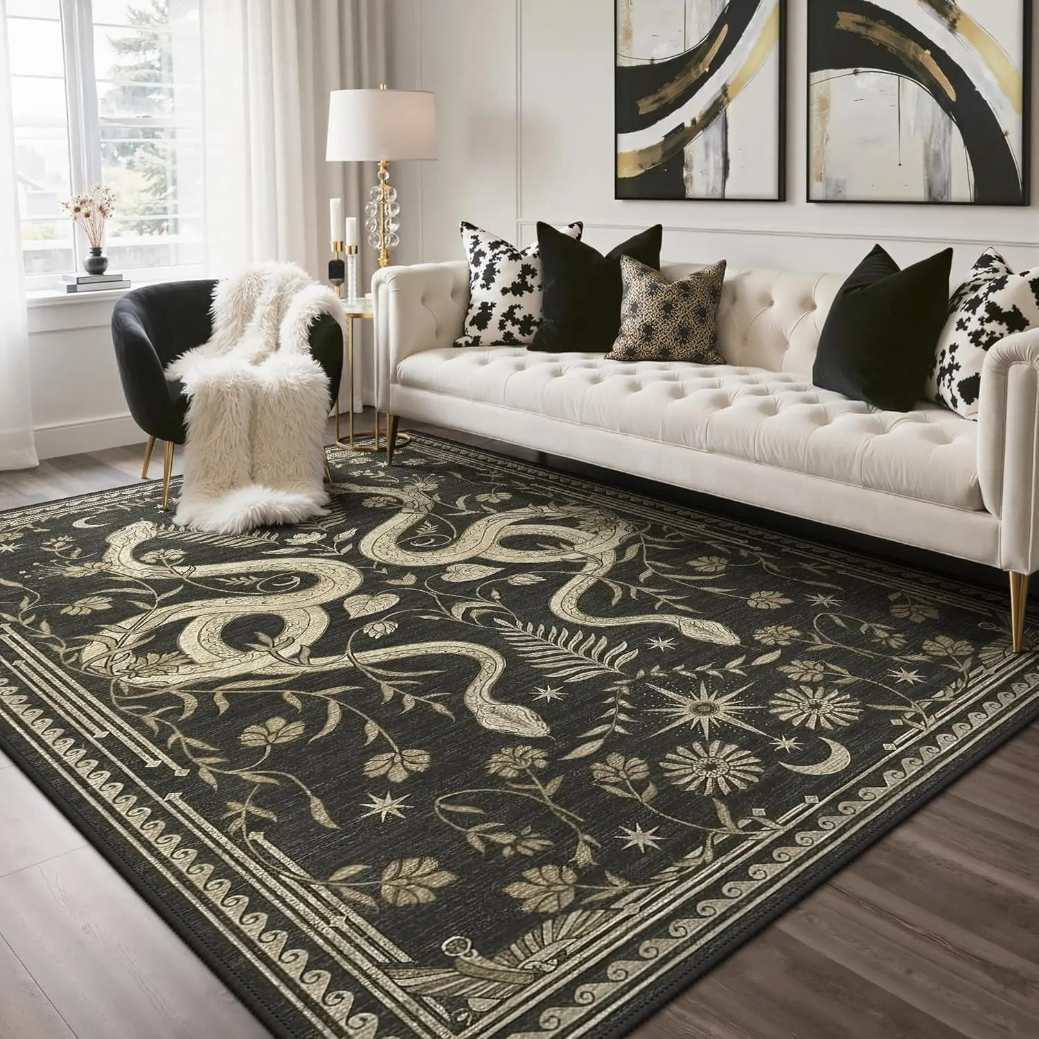 【Deals For You Days】GENIMO Snake Area Rug, Animal Jungle Machine Washable Living Room Rug, Non Slip Black Golden/Multi Rugs for Bedroom, Low Pile Soft Stain Resistant Floral Rugs for Office Dining Room