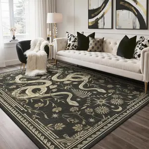 【Summervibes】GENIMO Snake Area Rug, Animal Jungle Machine Washable Living Room Rug, Non Slip Black Golden/Multi Rugs for Bedroom, Low Pile Soft Stain Resistant Floral Rugs for Office Dining Room