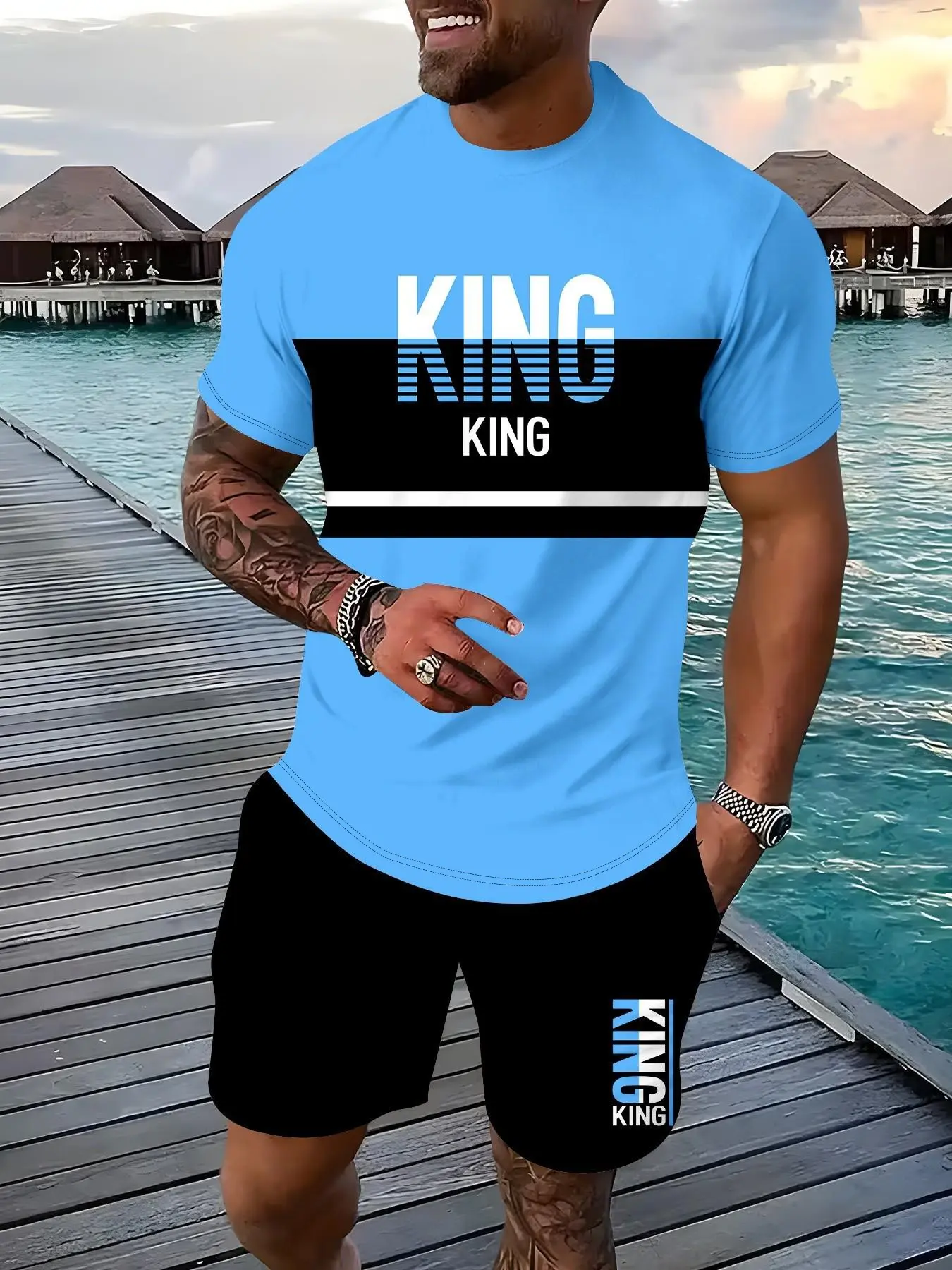 Men's Colorblock King Letter T-Shirt and Shorts Set, Summer New Fashion Casual Sport Two-Piece, Trendy and Comfortable