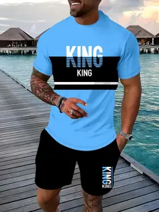 Men's Colorblock King Letter T-Shirt and Shorts Set, Summer New Fashion Casual Sport Two-Piece, Trendy and Comfortable