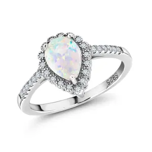 925 Sterling Silver Pear Shape Created Opal And Cz Ring, Vintage Opal Ring, Opal Engagement Ring, Pear Shape Opal Ring, Created Opal CZ Ring, Silver Jewelry