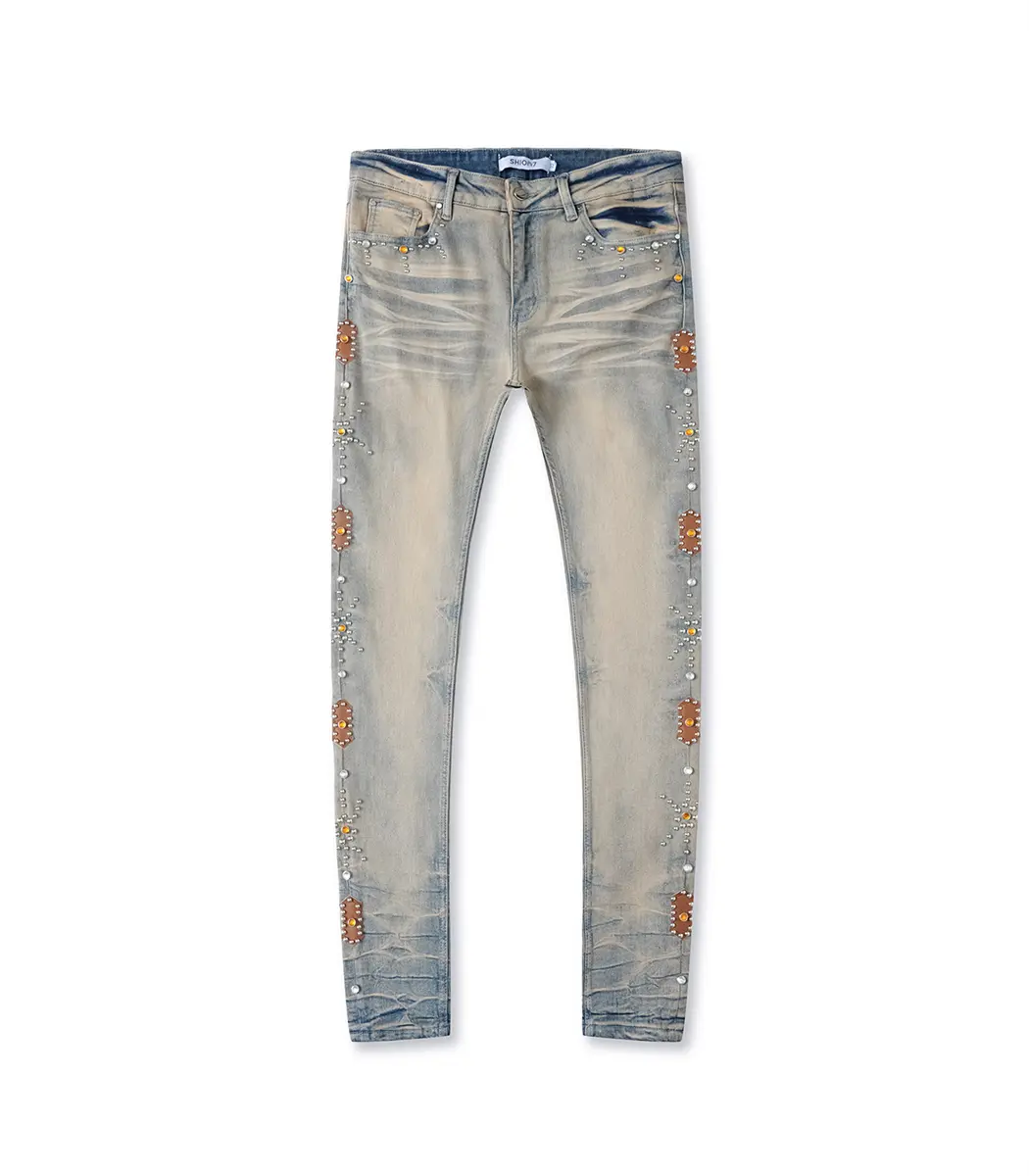 Handcrafted Distressed Rivet Jeans, 90s Grunge Punk Slim Fit Denim, Y2K Street Wear Studded Pants for Men