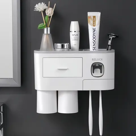 Wall Mounted Plastic Toothbrush Storage Holder - Automatic Dispenser for Convenience, Multi-Compartment Magnetic Design, Toothpaste Squeezer, 1 Cosmetic Drawer Organizer, Easy to Clean Traditional Bathroom Home Supply