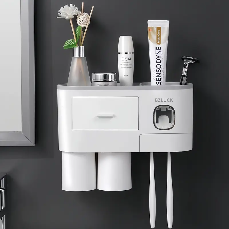 Wall Mounted Plastic Toothbrush Storage Holder - Automatic Dispenser for Convenience, Multi-Compartment Magnetic Design, Toothpaste Squeezer, 1 Cosmetic Drawer Organizer, Easy to Clean Traditional Bathroom Home Supply